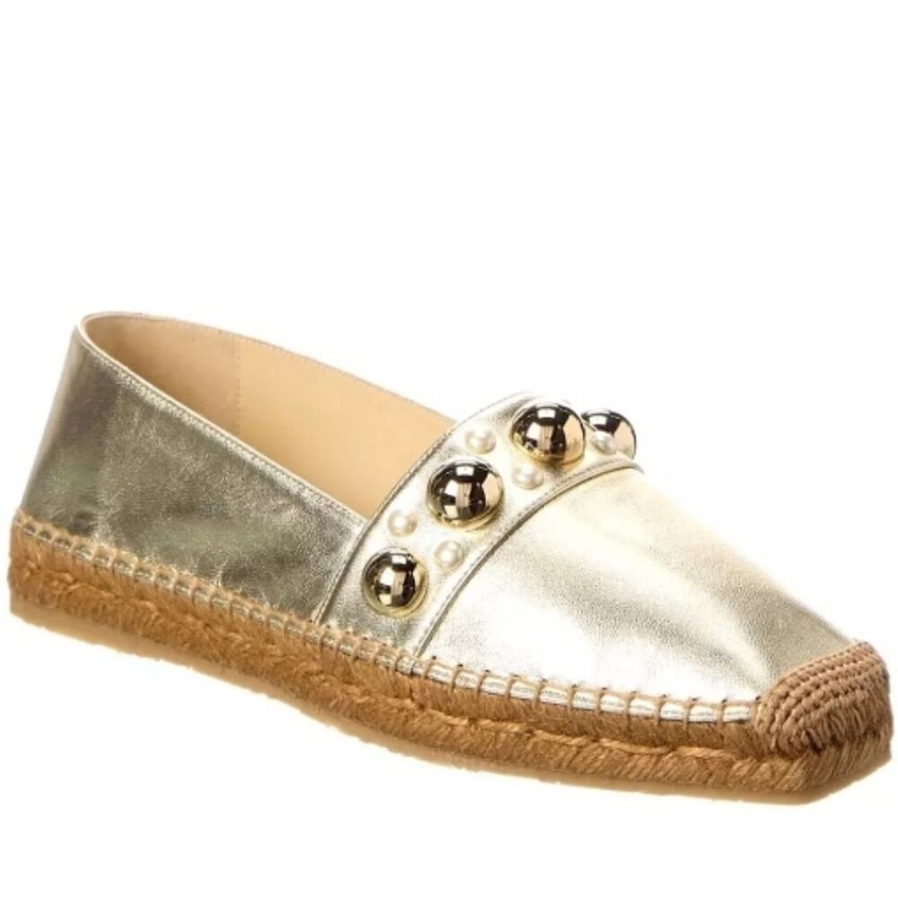 Jimmy Choo Dru Pearl Espadrille Flats Square Toe Designer Linen Summer Shoes 36